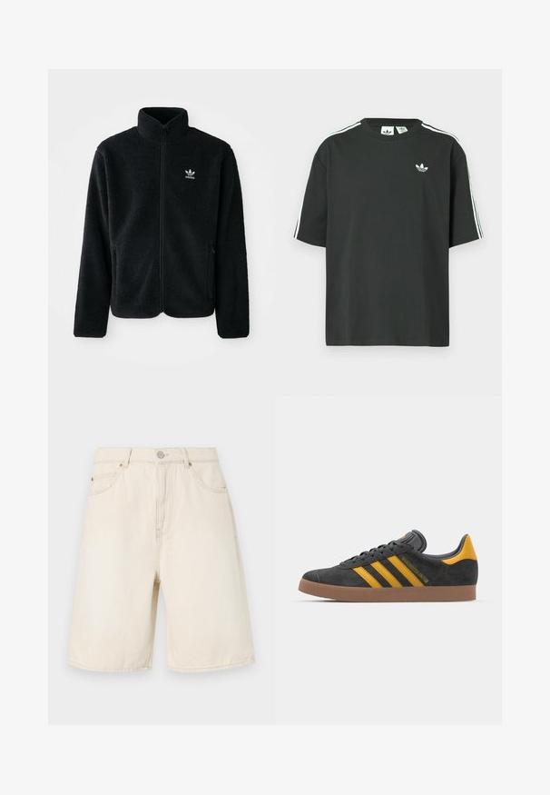 Čierna fleecová bunda s vysokým golierom, zipsom na prednej strane a prednými vreckami. Obsahuje textúrovanú tkaninu a malé biele logo na ľavej hrudi.; Čierne bavlnené tričko s krátkymi rukávmi, okrúhlym výstrihom a bielymi tromi pruhmi na ramenách. Na hrudi je malý biely logo.; Béžové denimové šortky s vysokým pásom, s gombíkom a zipsom, prednými vreckami a šitím pozdĺž lemu.; Čierne semišové tenisky so žltými akcentmi, ktoré majú tri pruhy a hnedú gumovú podrážku. Obsahujú vypolstrovaný jazyk pre pohodlie.