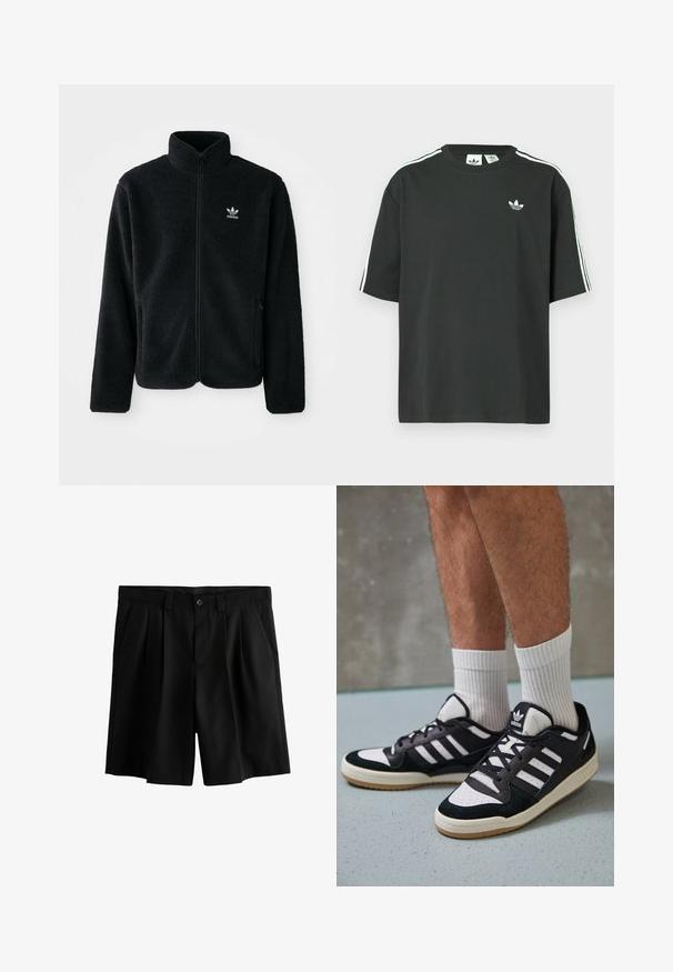 Veste en polaire noire avec col haut, fermeture éclair à l'avant et poches перед тобой. Présente un tissu texturé et un petit logo blanc sur la poitrine gauche.; T-shirt en coton noir à manches courtes, col rond, avec un détail blanc à trois bandes sur les épaules. Présente un petit logo blanc sur la poitrine.; Shorts noirs avec un design plissé, fermeture à bouton et une texture lisse. La taille comprend des passants de ceinture pour un style supplémentaire.; Baskets noir et blanc avec une tige en suède et cuir, comportant trois rayures blanches, un bout perforé et une semelle en caoutchouc gum.