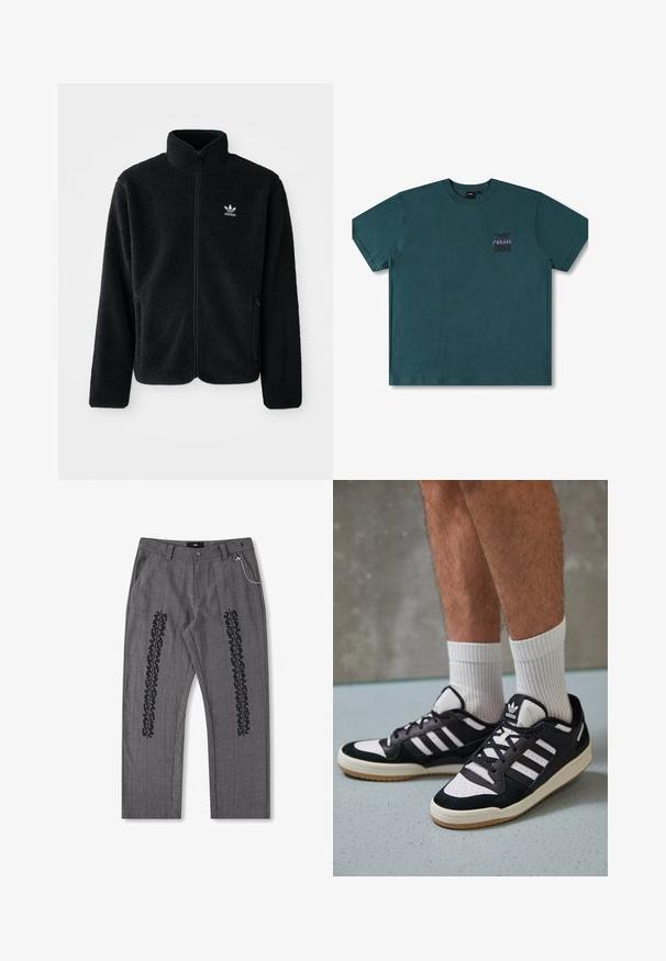 Fekete bolyhos dzseki magas gallérral, cipzáros elejével és elülső zsebeivel. Texturált anyaga és kis fehér logója van a bal mellen.; Türkiz színű pamut póló, kerek nyakkal és rövid ujjú. A bal felső mellkasi részen egy kis lila grafikai logó található.; Szürke kockás nadrág fekete szöveges részletekkel az oldalán, lánc díszítéssel a derékrészen. Egyenes lábú kialakítás, texturált anyag.; Fekete-fehér tornacipők velúr és bőr felsőrésszel, három fehér csíkkal, perforált orral és gumi talppal.