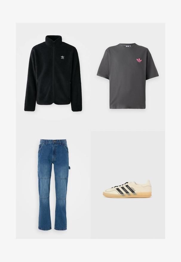 Melns flīsa mētelis ar augstu apkakli, ar rāvējslēdzēju priekšā un priekšējiem kabatām. Iezīmē ar teksturētu audumu un mazu baltu logo uz kreisā krūtīm.; Tumši pelēks īsām piedurknēm T-krekls ar mazu rozā Adidas trefoil logotipu uz kreisā krūšuņa, attēlots uz balta fona.; Zilas džinsu bikses ar taisnu kāju dizainu, kas satur šuvju detaļas un pogu aizdari. Audums ir ar izbalējušu krāsu un gludu tekstūru.; Gaiši krēms sporta apavi ar melnu trīs svītru dizainu, teksturētu augšējo daļu, noapaļotu purngaliem un gumijas zoli. Iespējas ietver auklas un zīmolu sānos.