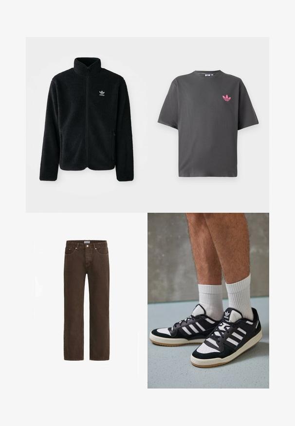 Čierna fleecová bunda s vysokým golierom, zipsom na prednej strane a prednými vreckami. Obsahuje textúrovanú tkaninu a malé biele logo na ľavej hrudi.; Tmavo šedé tričko s krátkym rukávom a malým ružovým logom Adidas trefoil na ľavej hrudi, vystavené na bielom pozadí.; Hnedé džínsy z denimu so strihom rovného nohu, dizajnom s piatimi vreckami a kovovými detailmi. Obsahujú zapínanie na gombík a značkovú etiketu na páse.; Čierno-biele tenisky s vrchom z semišu a kože, s troma bielymi pruhmi, perforovanou špičkou a gumovou podrážkou.