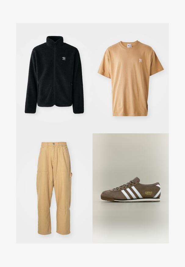 Svart fleecejakke med høy krage, glidelås foran og frontlommer. Har strukturert stoff og liten hvit logo på venstre bryst.; Brun bomull t-skjorte med rund hals og kort erme. Har en liten hvit Adidas-logo på venstre bryst. Myk tekstur, avslappet passform.; Beige cargobukser laget av en bomullsblandingsstoff. Har flere lommer, rette ben og knappelukking i midjen.; Brun semsket joggesko med tre hvite striper, flat gummisåle, rund tå og gullfarget "adidas Italia"-logo på siden.