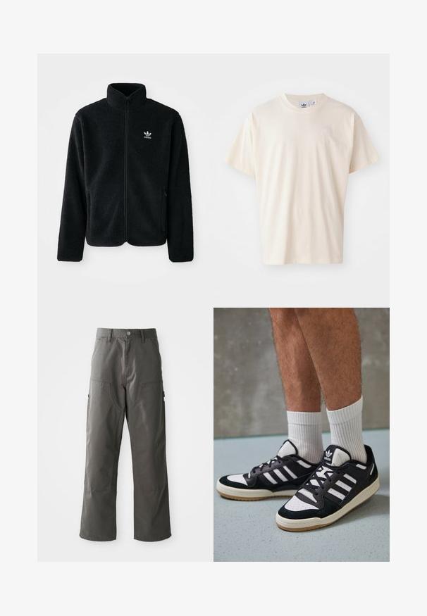Fekete bolyhos dzseki magas gallérral, cipzáros elejével és elülső zsebeivel. Texturált anyaga és kis fehér logója van a bal mellen.; Krém színű pamut póló kerek nyakkal és rövid ujjakkal; a mellrészen egy kis, világos színű logó található.; Szürke cargo nadrág egyenes szárú dizájnnal, két elülső zsebbel és további oldalzsebekkel a tárolásért. Tartós anyagból készült.; Fekete-fehér tornacipők velúr és bőr felsőrésszel, három fehér csíkkal, perforált orral és gumi talppal.
