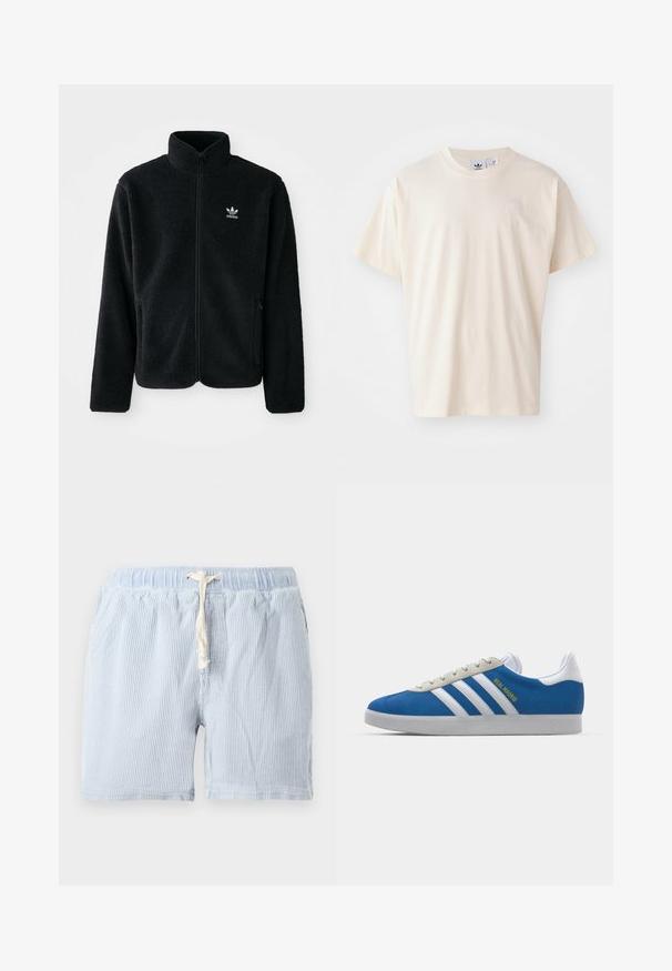 Juodas fliso džemperis su aukštu apykakle, užtrauktuku priekyje ir priekinėmis kišenėmis. Ypatybės: tekstūruota medžiaga ir mažas baltas logotipas kairėje krūtinės pusėje.; Kremo spalvos medvilnės marškinėliai su apvaliu iškirpimu ir trumpomis rankovėmis; ant krūtinės yra mažas, šviesios spalvos logotipas.; Šviesiai mėlynos, dryžuotos šortai pagaminti iš švelnios medžiagos, su elastinga juosmens juosta ir raišteliu. Sušalti šoninės kišenės ir laisvas tinkamas siluetas.; adidas Originals ADIDAS GAZELLE SHOES - Salės futbolo bateliai - real madrid/bluebird/footwear white/crew yellow