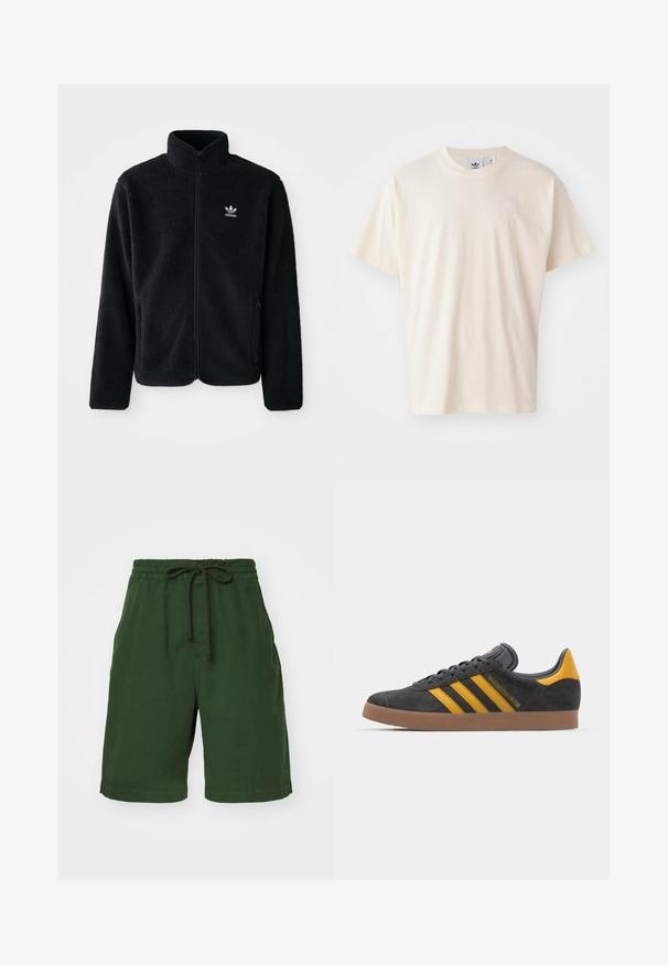 Schwarze Fleecejacke mit hohem Kragen, durchgehendem Reißverschluss und Fronttaschen. Verfügt über strukturiertes Material und ein kleines weißes Logo auf der linken Brust.; Cremfarbene Baumwoll-T-Shirt mit rundem Halsauschnitt und kurzen Ärmeln; verfügt über ein kleines, helles Logo auf der Brust.; Grüne Baumwollshorts mit elastischem Bund und verstellbarem Kordelzug. Verfügt über Seitentaschen und einen lockeren Schnitt. Glatte Textur.; Schwarze Wildledersneaker mit gelben Akzenten, ausgestattet mit drei Streifen und einer braunen Gummisohle. Enthält eine gepolsterte Zunge für zusätzlichen Komfort.
