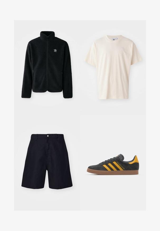 Sort fleecejakke med høj krave, lynlås foran og frontlommer. Har tekstureret stof og lille hvidt logo på venstre bryst.; Cremefarvet bomulds T-shirt med rund halsudskæring og korte ærmer; har et lille, lysfarvet logo på brystet.; Mørkeblå shorts i let stof med knaplukning, bæltestropper og lige ben-design. Minimalistisk stil uden mønstre.; Sort suedet sneaker med gule accenter, der har tre striber og en brun gummisål. Inkluderer en polstret tunge for komfort.
