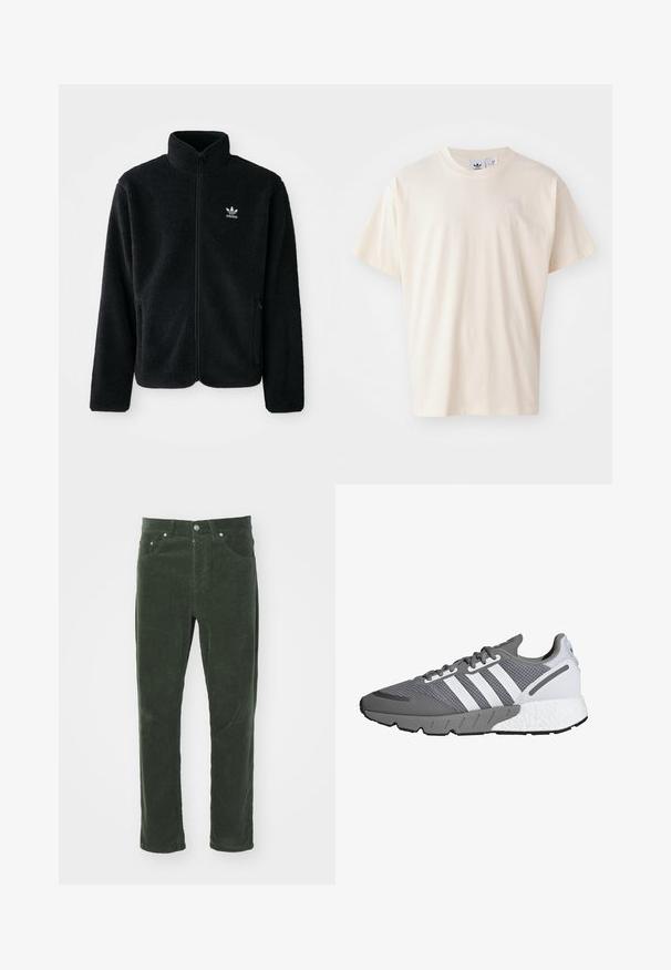 Melns flīsa mētelis ar augstu apkakli, ar rāvējslēdzēju priekšā un priekšējiem kabatām. Iezīmē ar teksturētu audumu un mazu baltu logo uz kreisā krūtīm.; Krēma krāsas kokvilnas T-krekls ar apaļu kakla izgriezumu un īsām piedurknēm; tam ir neliels, gaišas krāsas logo uz krūtīm.; Zaļas korduroja bikses ar taisnām kājām, kurām ir piecas kabatas, metāla pogātam, un strukturēta ribota virsma.; Pelēki un balti sporta apavi ar acu sietu augšdaļu, trim baltām svītrām, mīkstu zoli un teksturētu pelēku gumijas ārējo zolīti.