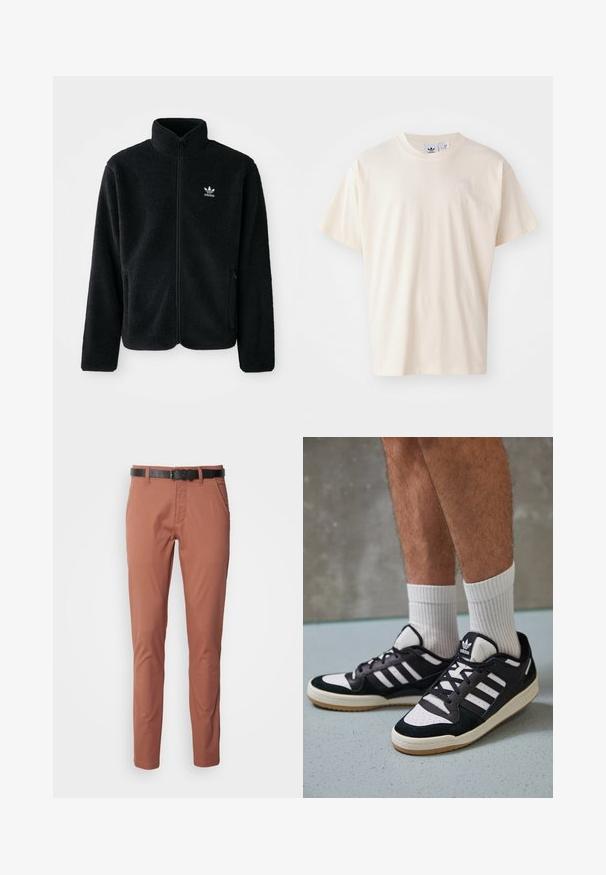 Fekete bolyhos dzseki magas gallérral, cipzáros elejével és elülső zsebeivel. Texturált anyaga és kis fehér logója van a bal mellen.; Krém színű pamut póló kerek nyakkal és rövid ujjakkal; a mellrészen egy kis, világos színű logó található.; Rozsdabarna chinos nadrág, slim fit szabással, fekete bőr övvel, oldalsó zsebekkel és sima szövet textúrával.; Fekete-fehér tornacipők velúr és bőr felsőrésszel, három fehér csíkkal, perforált orral és gumi talppal.