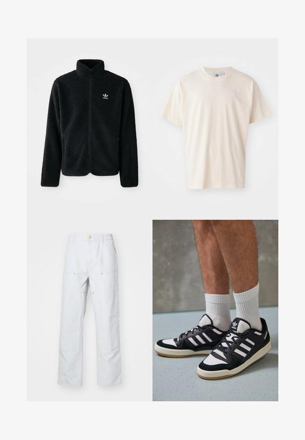 Svart fleecejacka med hög krage, blixtlås fram och framfickor. Har strukturtyg och en liten vit logotyp på vänster bröst.; Krämfärgad bomulls-t-shirt med rund halsringning och korta ärmar; har en liten, ljusfärgad logotyp på bröstet.; Ljusgrå vida byxor gjorda av en bomullsblandning. Har två framfickor, synliga sömmar och detaljer i guldtonade knappar.; Svartvita sneakers med ovandel i mocka och läder, med tre vita ränder, perforerad tå och sula av gummigummi.