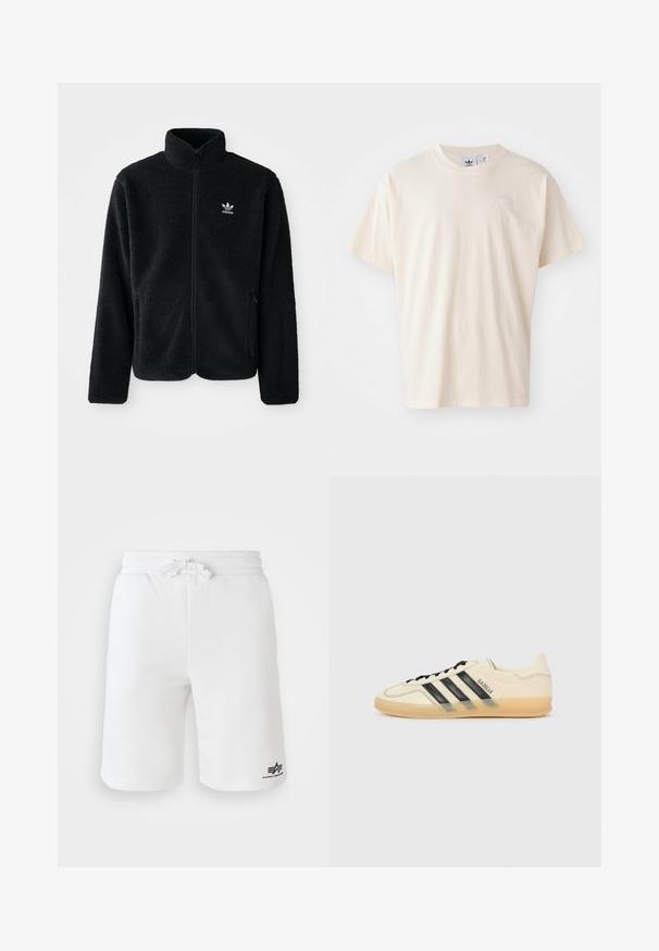 Veste en polaire noire avec col haut, fermeture éclair à l'avant et poches перед тобой. Présente un tissu texturé et un petit logo blanc sur la poitrine gauche.; T-shirt en coton crème avec un col rond et des manches courtes ; présente un petit logo de couleur claire sur la poitrine.; Shorts en coton blanc avec une taille élastique et un cordon de serrage. Présente un logo imprimé sur le côté inférieur gauche et une texture lisse.; Sneaker crème clair avec un design à trois bandes noires, dessus texturé, bout rond et semelle en caoutchouc. Présente des lacets et une marque sur le côté.