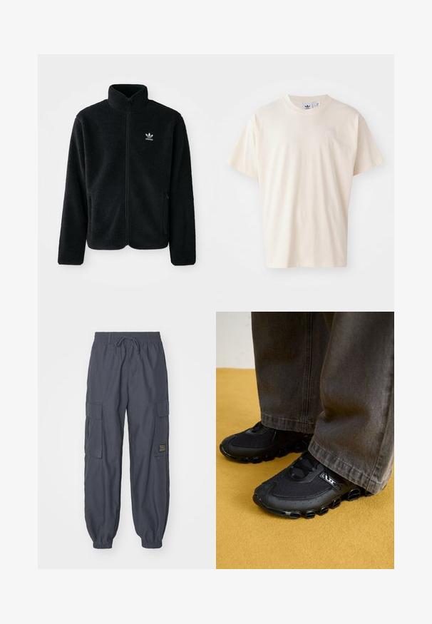 Casaco de fleece preto com gola alta, fecho de correr à frente e bolsos frontais. Apresenta um tecido texturizado e um pequeno logo branco no lado esquerdo do peito.; T-shirt de algodão creme com decote redondo e mangas curtas; apresenta um pequeno logotipo de cor clara no peito.; Champion Rochester SURPLUS CUFF PANTS - Calças cargo - black; Ténis de corrida pretos com uma parte superior em malha, sola curva e acentos arredondados distintos. Combinados com calças escuras e largas.