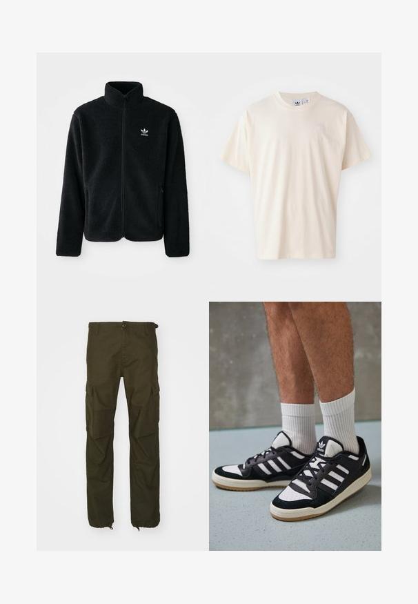 Black fleece jacket with high collar, zip front, and front pockets. Features textured fabric and small white logo on left chest.; Cream cotton t-shirt with a round neckline and short sleeves; features a small, light-colored logo on the chest.; Olive green cargo pants made of durable fabric, featuring a button closure, multiple side pockets, and elastic cuffs at the ankles.; Black and white sneakers with a suede and leather upper, featuring three white stripes, a perforated toe, and a gum rubber sole.