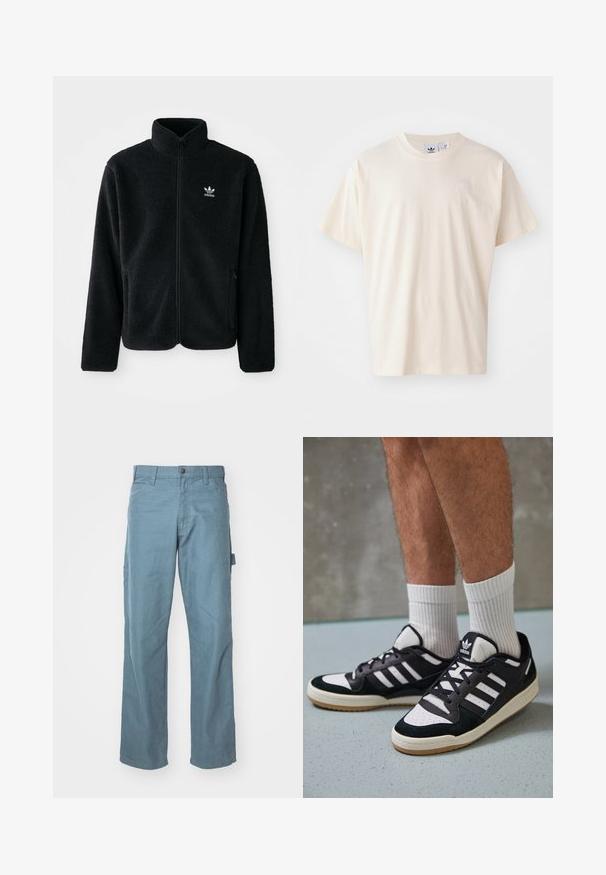 Black fleece jacket with high collar, zip front, and front pockets. Features textured fabric and small white logo on left chest.; Cream cotton t-shirt with a round neckline and short sleeves; features a small, light-colored logo on the chest.; Light blue cotton cargo pants feature a straight leg design, two side pockets, and a single loop on the waist for added utility.; Black and white sneakers with a suede and leather upper, featuring three white stripes, a perforated toe, and a gum rubber sole.