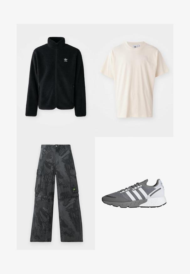 Veste en polaire noire avec col haut, fermeture éclair à l'avant et poches перед тобой. Présente un tissu texturé et un petit logo blanc sur la poitrine gauche.; T-shirt en coton crème avec un col rond et des manches courtes ; présente un petit logo de couleur claire sur la poitrine.; Pantalons cargo noirs avec un motif texturé sombre. Comprend plusieurs poches latérales et un petit accent de logo vert à l'avant.; Chaussure de sport grise et blanche avec un upper en maille, trois rayures blanches, une semelle rembourrée et une semelle extérieure en caoutchouc gris texturé.