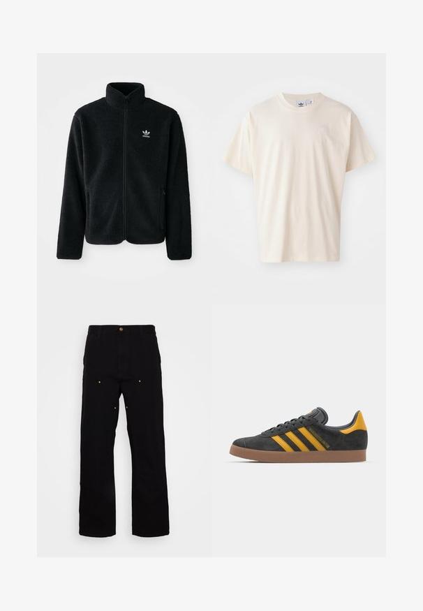 Musta fleece-takki, jossa on korkea kaulus, vetoketjusuljenta ja etutaskut. Käyttää teksturoitua kangasta ja siinä on pieni valkoinen logo vasemmassa rinnassa.; Kerman puuvillapaita, jossa on pyöreä kaula-aukko ja lyhyet hihat; rinnassa on pieni, vaaleanvärinen logo.; Musta farkkuhousut suoralla lahje-muotoilulla, joissa on kultaiset varusteet ja näkyvät tikit etu- ja takataskuissa.; Mustat samettiset tennarit, joissa on keltaisia yksityiskohtia, kolmonen raita ja ruskea kumipohja. Sisältää pehmustetun kielisen mukavuutta varten.