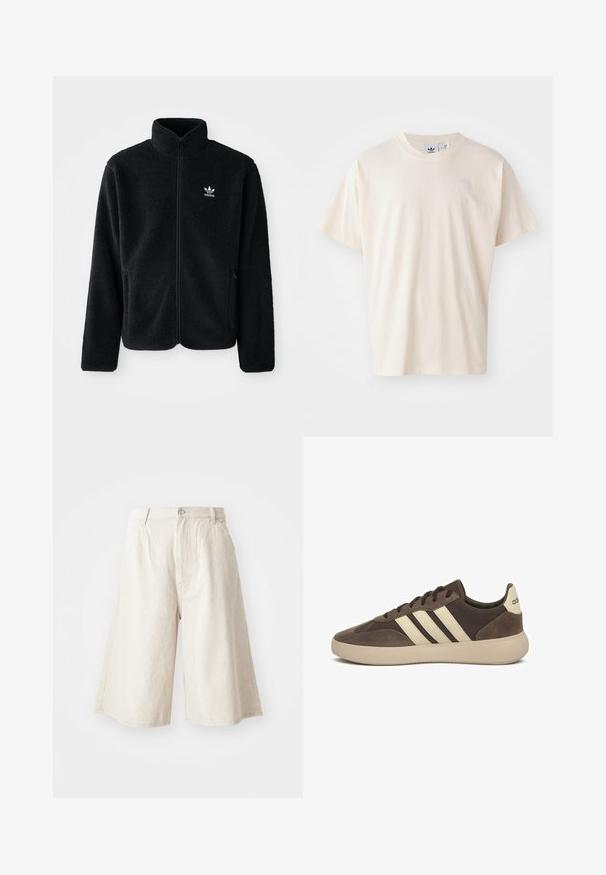 Schwarze Fleecejacke mit hohem Kragen, durchgehendem Reißverschluss und Fronttaschen. Verfügt über strukturiertes Material und ein kleines weißes Logo auf der linken Brust.; Cremfarbene Baumwoll-T-Shirt mit rundem Halsauschnitt und kurzen Ärmeln; verfügt über ein kleines, helles Logo auf der Brust.; Beige weite Shorts aus Baumwolle mit geradem Schnitt, frontalen Taschen und sichtbarem Knopfverschluss am Bund.; Brauner Wildledersneaker mit drei weißen Streifen, abgerundetem Zehenbereich, dicker Gummisohle und minimaler Markenkennzeichnung an der Ferse.