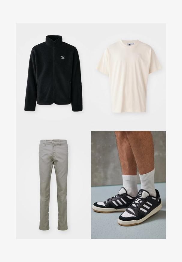 Juodas fliso džemperis su aukštu apykakle, užtrauktuku priekyje ir priekinėmis kišenėmis. Ypatybės: tekstūruota medžiaga ir mažas baltas logotipas kairėje krūtinės pusėje.; Kremo spalvos medvilnės marškinėliai su apvaliu iškirpimu ir trumpomis rankovėmis; ant krūtinės yra mažas, šviesios spalvos logotipas.; Carhartt WIP SID PANT - Kelnės - misty grey; Juodos ir baltos sportinės bateliai su zomšiniu ir odiniu viršumi, su trimis baltomis juostelėmis, perforuota koja ir guminėmis padais.