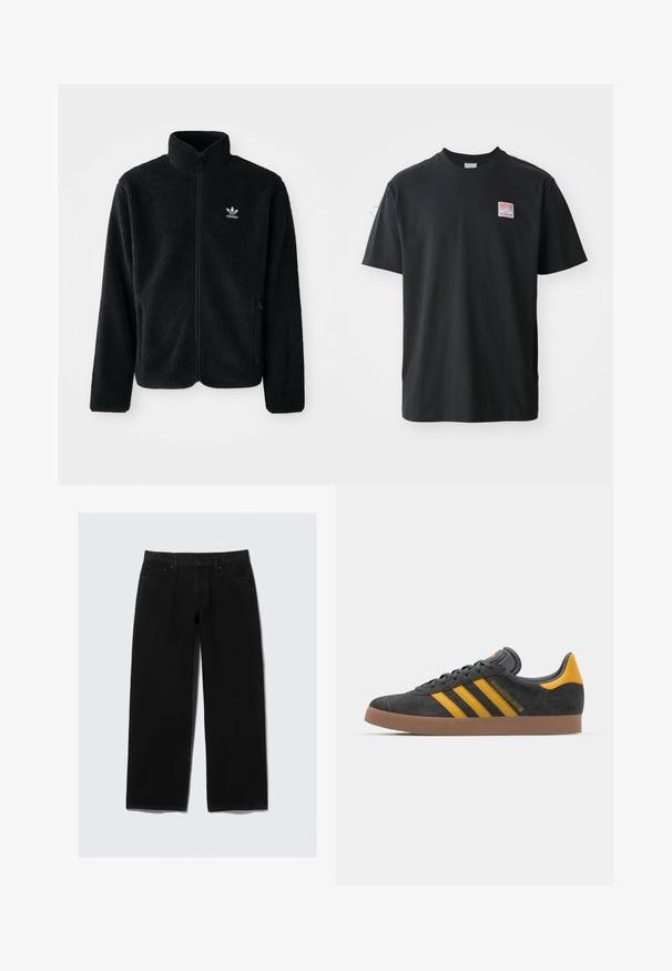 Sort fleecejakke med høj krave, lynlås foran og frontlommer. Har tekstureret stof og lille hvidt logo på venstre bryst.; Sort bomuld t-shirt med rund hals, korte ærmer og et lille farvet mærke på venstre bryst med ordet "SUPERIOR."; Sorte vide benbukser i denim. Har en klassisk fem-lomme design, knap- og lynlåslukning samt forstærket syninger.; Sort suedet sneaker med gule accenter, der har tre striber og en brun gummisål. Inkluderer en polstret tunge for komfort.