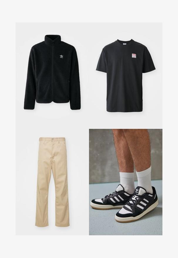 Black fleece jacket with high collar, zip front, and front pockets. Features textured fabric and small white logo on left chest.; Black cotton t-shirt with a crew neck, short sleeves, and a small colored label on the left chest featuring the word "SUPERIOR."; Beige cotton trousers with a straight-leg design, featuring a front button closure, belt loops, and two side pockets. Smooth texture.; Black and white sneakers with a suede and leather upper, featuring three white stripes, a perforated toe, and a gum rubber sole.