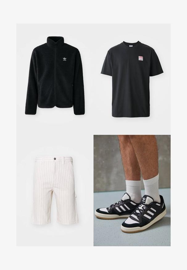 Must värviline fleecedee peasärk kõrge kraega, tõmblukuga esiosa ja esikotid. Omab tekstuuriga kangast ja väikest valget logo vasakul rinnal.; Must musternärviga T-särk ümarate krae, lühikeste varrukatega ning vasakul rinnal väike värviline etikett sõnaga "SUPERIOR."; Valged cargo lühikesed püksid punaste vertikaalsete triipudega, valmistatud kerge kangaga. Omavad nupuga sulgemeid ja küljetaskuid.; Mustvalged ja valged spordijalatsid, mille pealmine osa on valmistatud suede'ist ja nahast. Kingadel on kolm valget riba, auguline varvas ja kummist tald.