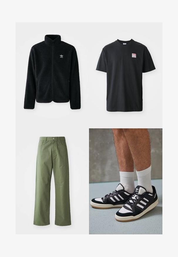 Črna flis jakna z visokim ovratnikom, z zadrgo spredaj in sprednjimi žepi. Ima strukturno blago in majhno belo logo na levi strani prsnega koša.; Črna bombažna majica s kratkimi rokavi in okroglim ovratnikom ter majhno obarvano nalepko na levem prsnem delu, na kateri je napisano "SUPERIOR".; Olive zelene široke hlače iz bombaža. Imajo zanke za pas, sprednje zapiranje na gumb in stranske žepke. Gladka tekstura.; Črno-bele superge z zgornjim delom iz usnja in nubuka, ki imajo tri bele črte, perforiran vrh prstov in podplat iz gume.