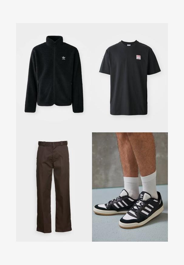 Casaco de fleece preto com gola alta, fecho de correr à frente e bolsos frontais. Apresenta um tecido texturizado e um pequeno logo branco no lado esquerdo do peito.; T-shirt de algodão preto com decote redondo, mangas curtas e uma pequena etiqueta colorida no lado esquerdo do peito com a palavra "SUPERIOR."; Calças castanhas com corte reto, apresentando um plano frontal, passadores de cinto e uma textura suave. Design simples sem padrões ou detalhes.; Ténis em preto e branco com upper em camurça e couro, apresentando três riscas brancas, um toe perfurado e uma sola em borracha de goma.