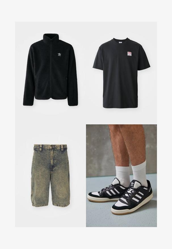 Chupa de forro polar negro con cuello alto, cierre frontal y bolsillos delanteros. Presenta tela texturizada y un pequeño logo blanco en el lado izquierdo del pecho.; Camiseta de algodón negra con cuello redondo, mangas cortas y una pequeña etiqueta de color en el lado izquierdo del pecho que presenta la palabra "SUPERIOR".; Pantalones cortos de mezclilla en azul claro con un acabado desgastado. Presentan una cintura clásica con pasadores para cinturón y piernas rectas, que terminan justo por encima de la rodilla.; Zapatillas en blanco y negro con parte superior de ante y cuero, que presentan tres franjas blancas, una puntera perforada y una suela de goma.