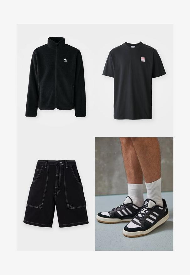Schwarze Fleecejacke mit hohem Kragen, durchgehendem Reißverschluss und Fronttaschen. Verfügt über strukturiertes Material und ein kleines weißes Logo auf der linken Brust.; Schwarzes Baumwoll-T-Shirt mit Rundhalsausschnitt, kurzen Ärmeln und einem kleinen farbigen Etikett auf der linken Brust, das das Wort "SUPERIOR" zeigt.; Schwarze Cargo-Shorts mit weißen Kontrastnähten, mehreren Taschen und gerader Passform. Hergestellt aus strapazierfähigem Stoff mit glatter Textur.; Schwarz-weiße Sneaker mit einem Obermaterial aus Wildleder und Leder, ausgestattet mit drei weißen Streifen, einer perforierten Zehenpartie und einer Sohle aus Gummi.