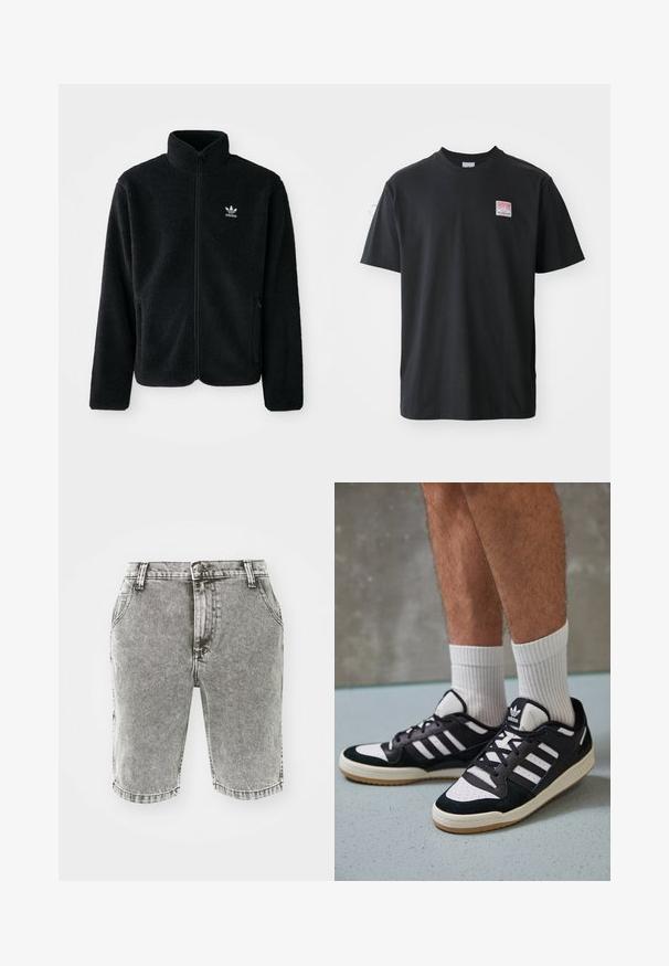 Casaco de fleece preto com gola alta, fecho de correr à frente e bolsos frontais. Apresenta um tecido texturizado e um pequeno logo branco no lado esquerdo do peito.; T-shirt de algodão preto com decote redondo, mangas curtas e uma pequena etiqueta colorida no lado esquerdo do peito com a palavra "SUPERIOR."; Shorts de denim cinza com um corte clássico, apresentando cinco bolsos, passantes para cinto e um acabamento desbotado; sem desgastes ou padrões visíveis.; Ténis em preto e branco com upper em camurça e couro, apresentando três riscas brancas, um toe perfurado e uma sola em borracha de goma.