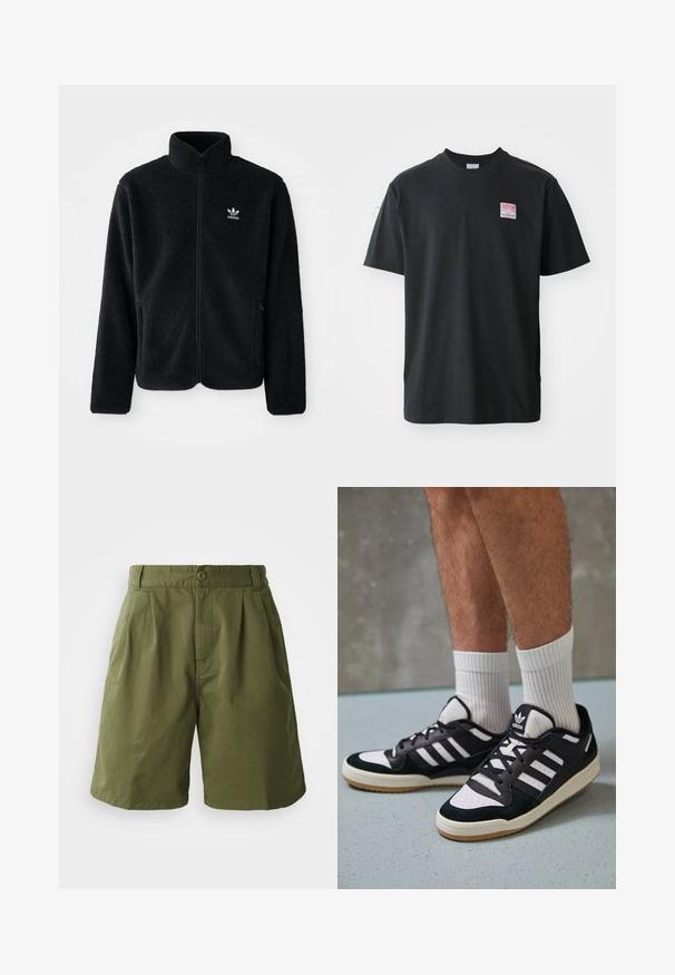 Black fleece jacket with high collar, zip front, and front pockets. Features textured fabric and small white logo on left chest.; Black cotton t-shirt with a crew neck, short sleeves, and a small colored label on the left chest featuring the word "SUPERIOR."; Olive green shorts made of lightweight fabric, featuring a pleated front, button closure, and side pockets, with a straight-cut design.; Black and white sneakers with a suede and leather upper, featuring three white stripes, a perforated toe, and a gum rubber sole.