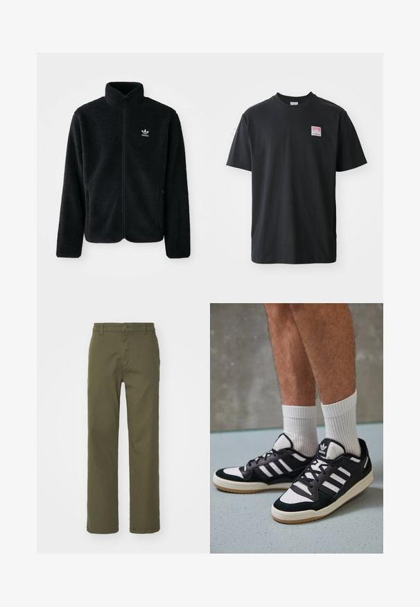 Casaco de fleece preto com gola alta, fecho de correr à frente e bolsos frontais. Apresenta um tecido texturizado e um pequeno logo branco no lado esquerdo do peito.; T-shirt de algodão preto com decote redondo, mangas curtas e uma pequena etiqueta colorida no lado esquerdo do peito com a palavra "SUPERIOR."; Calças verde-azeitona com um design de perna reta, fecho de botão e zíper, e bolsos laterais. O tecido parece suave com uma leve textura.; Ténis em preto e branco com upper em camurça e couro, apresentando três riscas brancas, um toe perfurado e uma sola em borracha de goma.