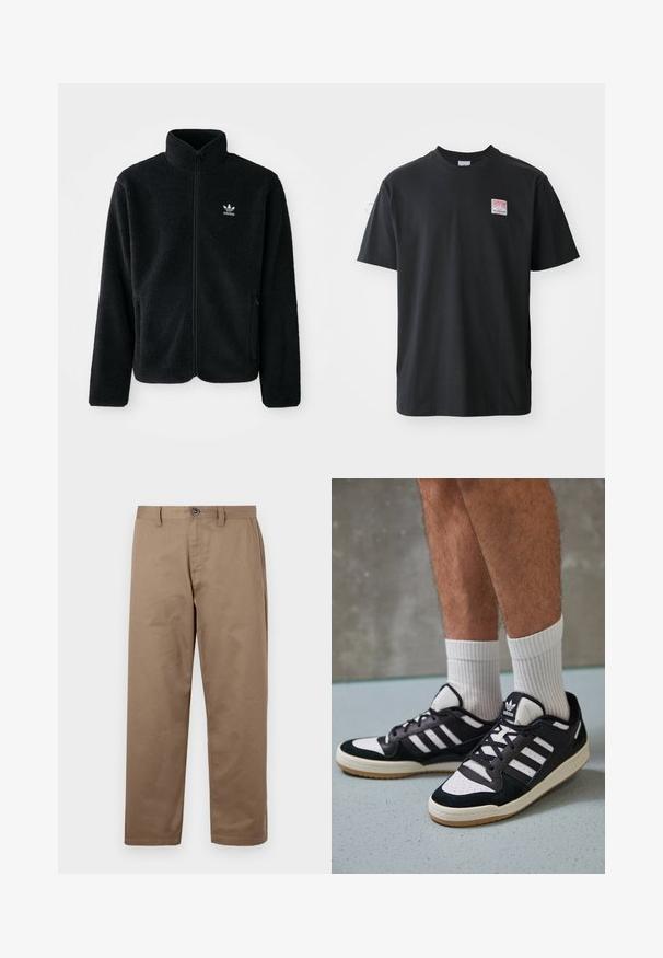 Črna flis jakna z visokim ovratnikom, z zadrgo spredaj in sprednjimi žepi. Ima strukturno blago in majhno belo logo na levi strani prsnega koša.; Črna bombažna majica s kratkimi rokavi in okroglim ovratnikom ter majhno obarvano nalepko na levem prsnem delu, na kateri je napisano "SUPERIOR".; Rjave bombažne hlače s ravnim krojem, ki vključujejo gumbasto zapiranje, stranske žepke in gladko teksturo. Brez vidnih vzorcev ali detajlov.; Črno-bele superge z zgornjim delom iz usnja in nubuka, ki imajo tri bele črte, perforiran vrh prstov in podplat iz gume.