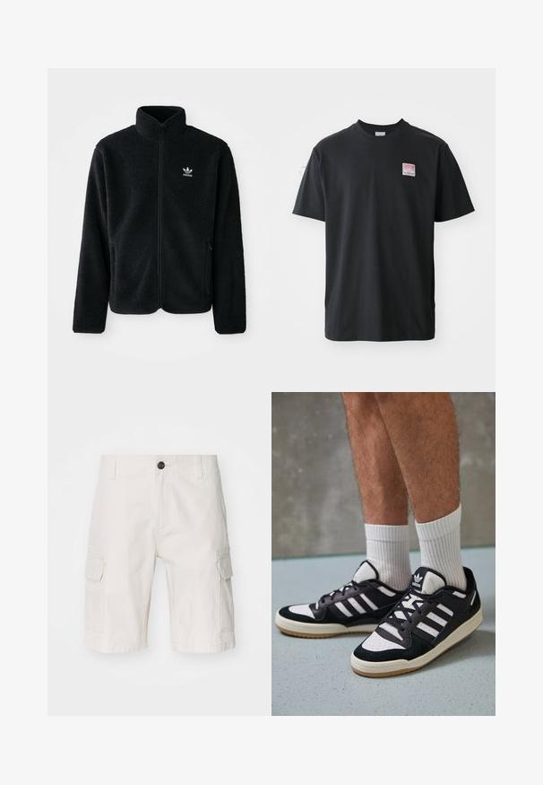 Zwarte fleece jacket met hoge kraag, ritssluiting aan de voorkant en voorzakken. Kenmerkt zich door textuurstof en een klein wit logo op de linkerborst.; Zwarte katoenen t-shirt met ronde hals, korte mouwen en een klein gekleurd label op de linkerkant van de borst met het woord "SUPERIOR."; Beige cargoshorts van lichtgewicht stof, met twee zijzakken, een knoopsluiting en een relaxte pasvorm. Soepele textuur met subtiel patroon.; Zwart-witte sneakers met een bovenwerk van suede en leer, voorzien van drie witte strepen, een geperforeerde neus en een rubberen gumzool.