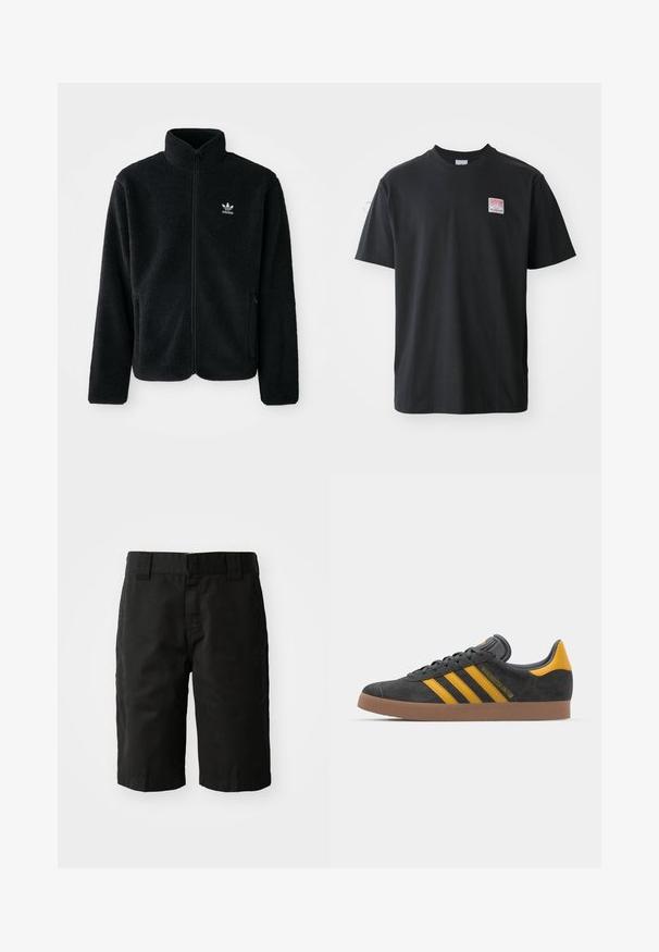 Casaco de fleece preto com gola alta, fecho de correr à frente e bolsos frontais. Apresenta um tecido texturizado e um pequeno logo branco no lado esquerdo do peito.; T-shirt de algodão preto com decote redondo, mangas curtas e uma pequena etiqueta colorida no lado esquerdo do peito com a palavra "SUPERIOR."; Calções de algodão pretos com um corte reto, passadores para cinto e frente lisa. Apresentam bolsos laterais e uma textura suave.; Tenis em camurça preta com detalhes amarelos, apresentando três riscas e uma sola de borracha castanha. Inclui uma língua acolchoada para maior conforto.