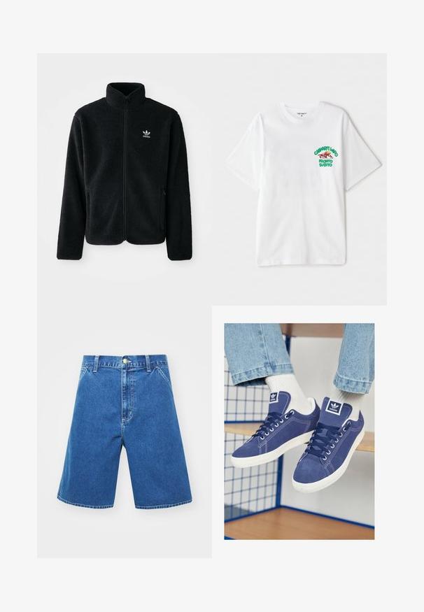 Chupa de forro polar negro con cuello alto, cierre frontal y bolsillos delanteros. Presenta tela texturizada y un pequeño logo blanco en el lado izquierdo del pecho.; Camiseta de algodón blanca con un gráfico de texto en verde y rojo en el pecho izquierdo que dice "cashart Who Pronto Subito." Mangas cortas.; Bermudas de mezclilla en color azul, con corte holgado, altura media en la cintura, bolsillos frontales y cierre de botón. Detalles de costura a lo largo de las costuras.; Zapatillas Adidas de color azul marino, hechas de ante, con suelas de goma blanca, punteras redondeadas y un parche con el logo en la lengüeta. Calcetines blancos brillantes visibles.