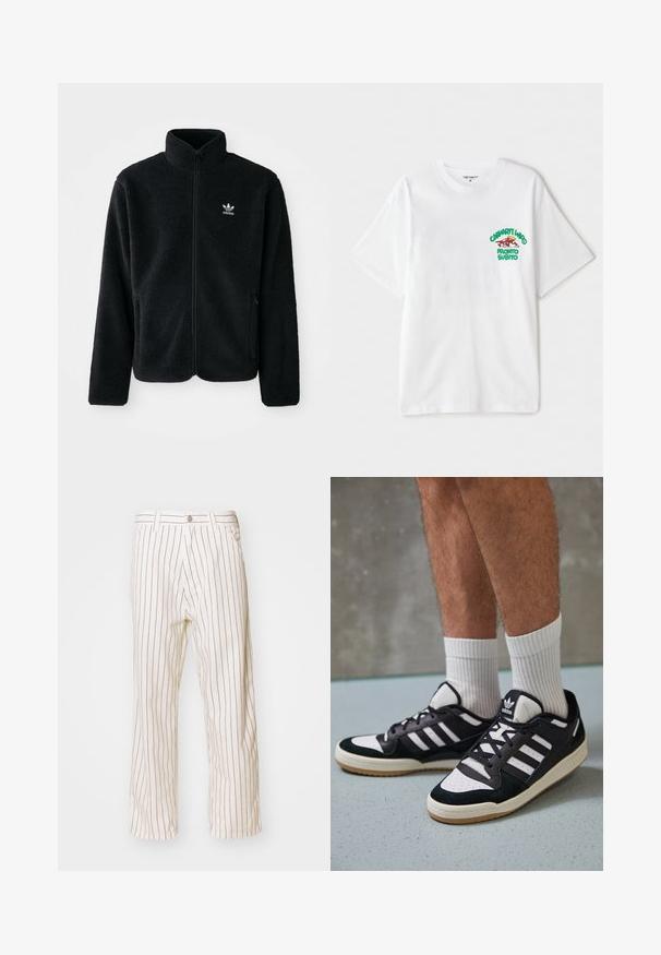 Juodas fliso džemperis su aukštu apykakle, užtrauktuku priekyje ir priekinėmis kišenėmis. Ypatybės: tekstūruota medžiaga ir mažas baltas logotipas kairėje krūtinės pusėje.; Balta medvilninė marškinėlių su trumpomis rankovėmis, kuriuose kairėje krūtinės pusėje yra žaliai raudonas grafikos tekstas "cashart Who Pronto Subito."; Šviesiai rudos dryžuotos kelnės su laisvu siluetu, su vertikaliomis rudos spalvos juostomis, priekyje su mygtuko užsegimu ir šoninėmis kišenėmis.; Juodos ir baltos sportinės bateliai su zomšiniu ir odiniu viršumi, su trimis baltomis juostelėmis, perforuota koja ir guminėmis padais.