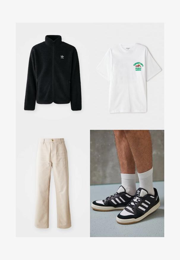 Čierna fleecová bunda s vysokým golierom, zipsom na prednej strane a prednými vreckami. Obsahuje textúrovanú tkaninu a malé biele logo na ľavej hrudi.; Biela bavlnená tričko s grafickým textom v zelenej a červenej farbe na ľavej strane hrudníka, ktorý znie "cashart Who Pronto Subito." Krátke rukávy.; Bežové bavlnené nohavice s širokými nohavicami, hladkou textúrou, zapínaním na prednej strane, pútkami na opasok a dvoma bočnými vreckami.; Čierno-biele tenisky s vrchom z semišu a kože, s troma bielymi pruhmi, perforovanou špičkou a gumovou podrážkou.