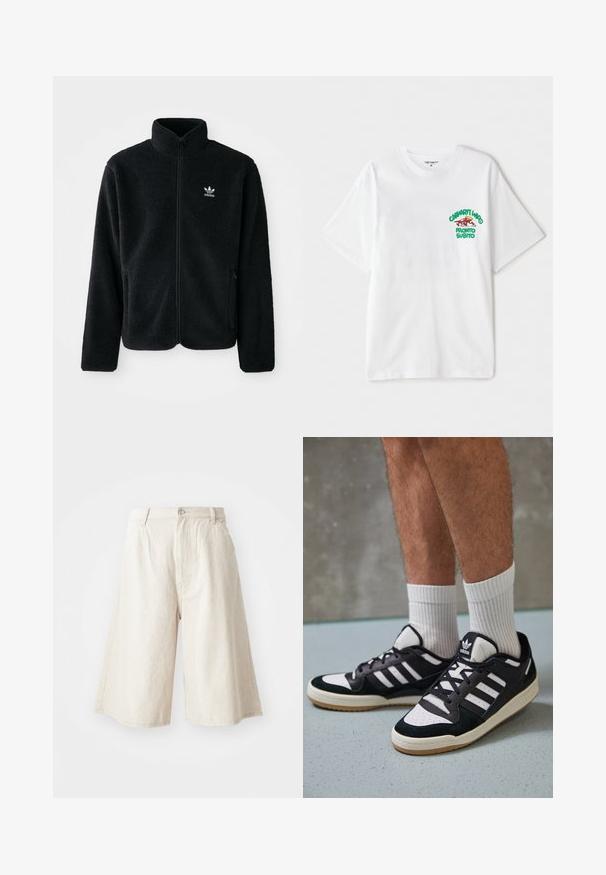 Schwarze Fleecejacke mit hohem Kragen, durchgehendem Reißverschluss und Fronttaschen. Verfügt über strukturiertes Material und ein kleines weißes Logo auf der linken Brust.; Weißes Baumwoll-T-Shirt mit einem grünen und roten grafischen Text auf der linken Brust, der "cashart Who Pronto Subito" liest. Kurze Ärmel.; Beige weite Shorts aus Baumwolle mit geradem Schnitt, frontalen Taschen und sichtbarem Knopfverschluss am Bund.; Schwarz-weiße Sneaker mit einem Obermaterial aus Wildleder und Leder, ausgestattet mit drei weißen Streifen, einer perforierten Zehenpartie und einer Sohle aus Gummi.