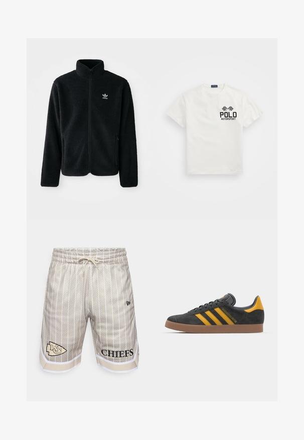 Casaco de fleece preto com gola alta, fecho de correr à frente e bolsos frontais. Apresenta um tecido texturizado e um pequeno logo branco no lado esquerdo do peito.; Camiseta branca de algodão com gola redonda, apresentando um logo preto "Polo Motorsport" e bandeiras quadriculadas cruzadas no lado esquerdo do peito.; Calções de malha bege com riscas verticais brancas, cintura elástica, cordão ajustável e impressão preta de "CHIEFS" e logótipo na perna esquerda.; Tenis em camurça preta com detalhes amarelos, apresentando três riscas e uma sola de borracha castanha. Inclui uma língua acolchoada para maior conforto.
