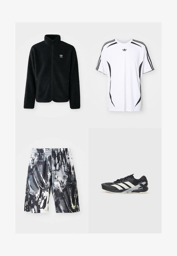 Black fleece jacket with high collar, zip front, and front pockets. Features textured fabric and small white logo on left chest.; White short-sleeve t-shirt featuring black side accents and three black stripes on shoulders. Includes small black logo on chest.; Black and gray patterned athletic shorts with an elastic waistband, featuring a digital abstract design and a small neon accent.; Black athletic shoe with white stripes, mesh upper, rounded toe, and cushioned sole. Features a textured heel and secure lacing system.