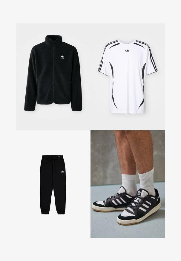 Zwarte fleece jacket met hoge kraag, ritssluiting aan de voorkant en voorzakken. Kenmerkt zich door textuurstof en een klein wit logo op de linkerborst.; Witte t-shirt met korte mouwen, voorzien van zwarte zijaccenten en drie zwarte strepen op de schouders. Inclusief klein zwart logo op de borst.; Zwarte joggerbroeken van zacht, rekbaar materiaal. Voorzien van een elastische tailleband met trekkoord en elastische boorden. Klein wit logo op de heup.; Zwart-witte sneakers met een bovenwerk van suede en leer, voorzien van drie witte strepen, een geperforeerde neus en een rubberen gumzool.