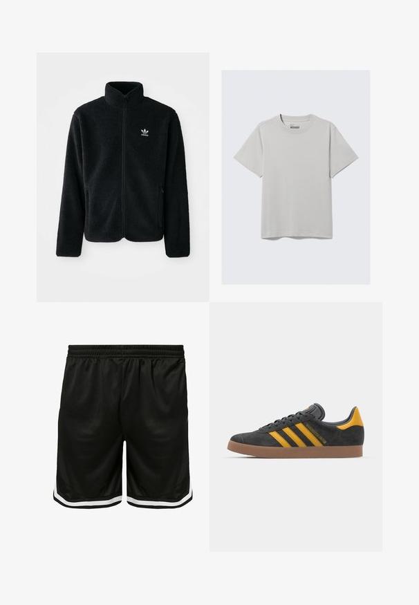 Giacca in pile nera con colletto alto, chiusura zip frontale e tasche anteriori. Presenta un tessuto testurizzato e un piccolo logo bianco sul lato sinistro del petto.; T-shirt in cotone grigio chiaro con scollatura rotonda e maniche corte, caratterizzato da un design minimalista e una vestibilità rilassata. Senza motivi o accenti.; Pantaloni sportivi neri realizzati in tessuto a rete, con vita elasticizzata, strisce bianche sui lati e una vestibilità comoda e rilassata.; Sneaker in suede nero con dettagli gialli, dotato di tre strisce e una suola in gomma marrone. Include una linguetta imbottita per il comfort.