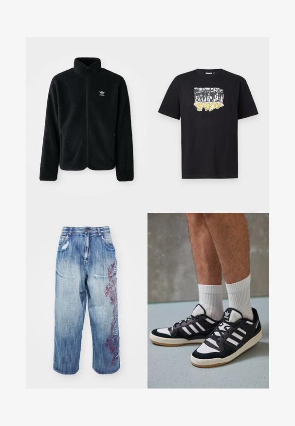 Giacca in pile nera con colletto alto, chiusura zip frontale e tasche anteriori. Presenta un tessuto testurizzato e un piccolo logo bianco sul lato sinistro del petto.; T-shirt in cotone nero con una stampa grafica in bianco e giallo con il testo "IRON LIKE HELL" e un design di silhouette.; Jeans in denim blu chiaro con taglio a gamba larga, caratterizzati da dettagli strappati e intricate rifiniture ricamate in rosso ai lati.; Sneaker bianco e nero con tomaia in suede e pelle, caratterizzati da tre strisce bianche, punta perforata e suola in gomma naturale.