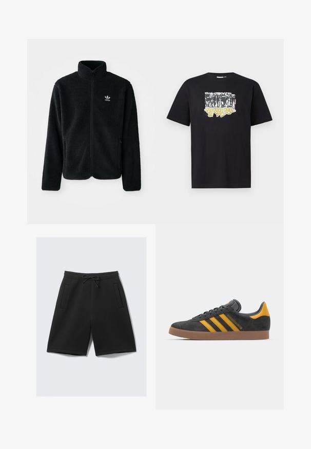 Chupa de forro polar negro con cuello alto, cierre frontal y bolsillos delanteros. Presenta tela texturizada y un pequeño logo blanco en el lado izquierdo del pecho.; Camiseta de algodón negra con un estampado gráfico en blanco y amarillo que contiene el texto "IRON LIKE HELL" y un diseño de siluetas.; Pantalones cortos deportivos negros de tejido suave, con cintura elástica y cordón, y dos bolsillos frontales. Textura lisa, corte a la altura de la rodilla.; Zapatillas de ante negro con acentos amarillos, que presentan tres franjas y una suela de goma marrón. Incluyen una lengüeta acolchada para mayor comodidad.