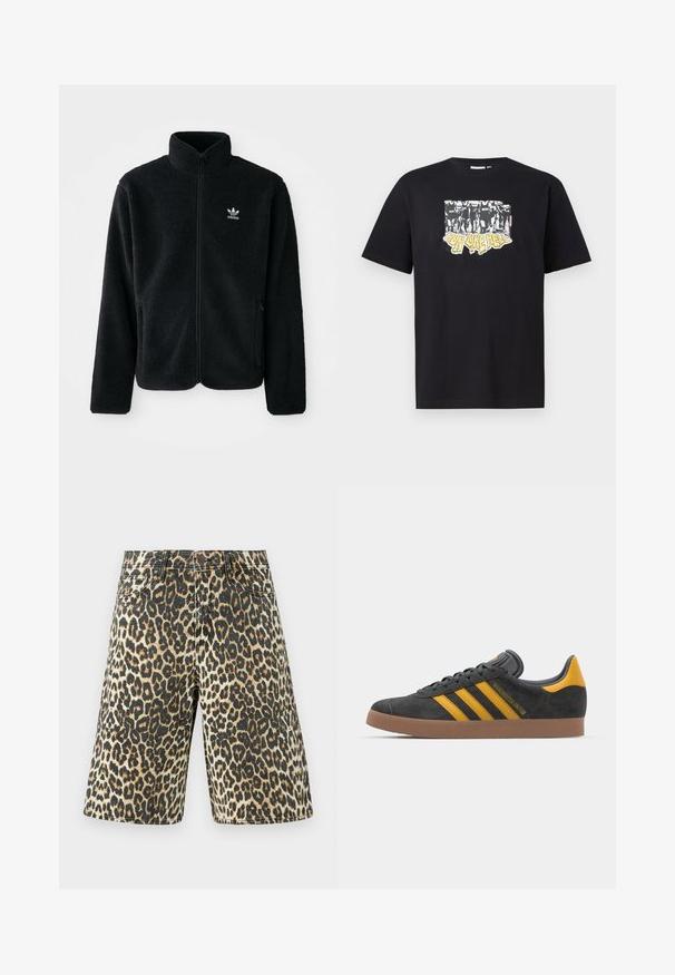 Black fleece jacket with high collar, zip front, and front pockets. Features textured fabric and small white logo on left chest.; Black cotton t-shirt featuring a graphic print in white and yellow with the text "IRON LIKE HELL" and a design of silhouettes.; Leopard print denim shorts featuring a light brown, black, and beige pattern, with five pockets and a straight cut.; Black suede sneaker with yellow accents, featuring three stripes and a brown rubber sole. Includes a padded tongue for comfort.