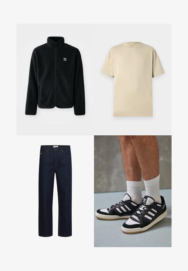 Juodas fliso džemperis su aukštu apykakle, užtrauktuku priekyje ir priekinėmis kišenėmis. Ypatybės: tekstūruota medžiaga ir mažas baltas logotipas kairėje krūtinės pusėje.; Šviesiai rudas medvilninis marškinėliai su apvalia iškirpte, trumpomis rankovėmis ir laisvu kirpimu. Lygi tekstūra be matomų raštų ar akcentų.; Tamsiai mėlynos džinsinės kelnės su tiesiomis kojomis. Turi oranžinius siūlus, priekines kišenes ir mygtuko užsegimą juosmenyje.; Juodos ir baltos sportinės bateliai su zomšiniu ir odiniu viršumi, su trimis baltomis juostelėmis, perforuota koja ir guminėmis padais.