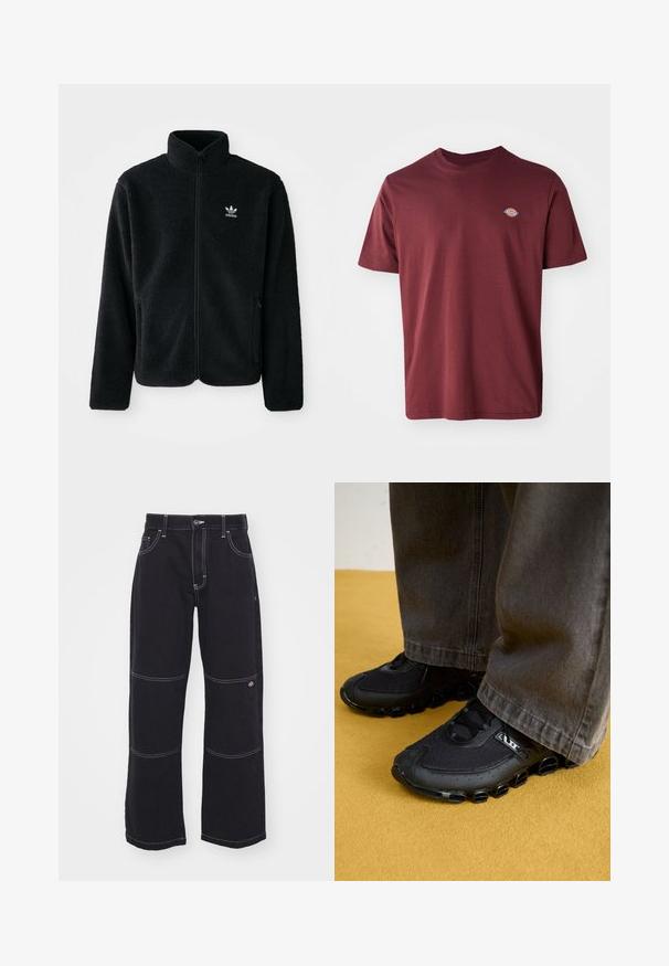Juodas fliso džemperis su aukštu apykakle, užtrauktuku priekyje ir priekinėmis kišenėmis. Ypatybės: tekstūruota medžiaga ir mažas baltas logotipas kairėje krūtinės pusėje.; Burgundinės medvilninės marškinėliai su apvaliu iškirpimu, trumpomis rankovėmis ir mažu apvaliu prekės ženklo logotipu, išsiuvinėtų kairėje krūtinės pusėje.; Dickies DOUBLE KNEE - Laisvo stiliaus džinsai - black denim; Juoda sportinė avalynė su tinkline viršūne, kreiva padas ir išskirtiniais apvaliais akcentais. Derinama su tamsiomis, laisvai krentančiomis kelnėmis.
