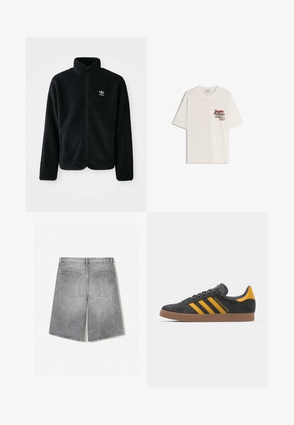 Fekete bolyhos dzseki magas gallérral, cipzáros elejével és elülső zsebeivel. Texturált anyaga és kis fehér logója van a bal mellen.; Fehér pamut póló rövid ujjakkal és kerek nyakkivágással. Az elülső bal mellkas részen piros és fekete szöveggel nyomtatott grafika található.; Szürke farmer rövidnadrág, térd hosszig érő, laza fazonnal. Két hátsó zsebbel, látható varrásokkal és egy kicsit kicsípett szegéllyel rendelkezik.; Fekete velúrbőr sportcipő sárga díszítéssel, három csíkkal és barna gumitalppal. Párnázott nyelvével a kényelem érdekében.