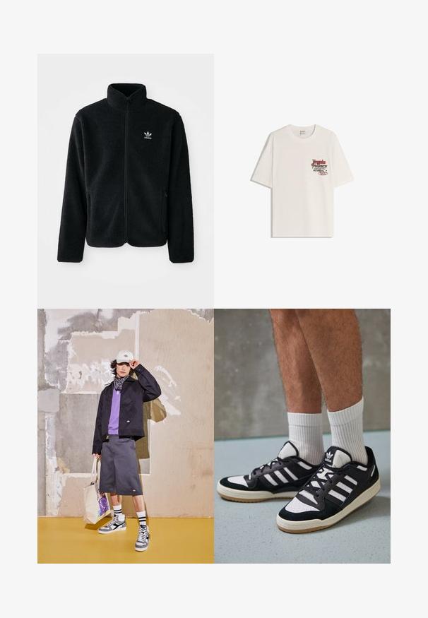 Zwarte fleece jacket met hoge kraag, ritssluiting aan de voorkant en voorzakken. Kenmerkt zich door textuurstof en een klein wit logo op de linkerborst.; Witte katoenen t-shirt met korte mouwen en een ronde halslijn. Heeft een bedrukte grafiek met rode en zwarte tekst op het linker borstgebied.; Zwarte jas, paarse shirt, grijze short en witte sneakers met grijze accenten. Accessoires zijn een witte pet en een gestreepte tas.; Zwart-witte sneakers met een bovenwerk van suede en leer, voorzien van drie witte strepen, een geperforeerde neus en een rubberen gumzool.