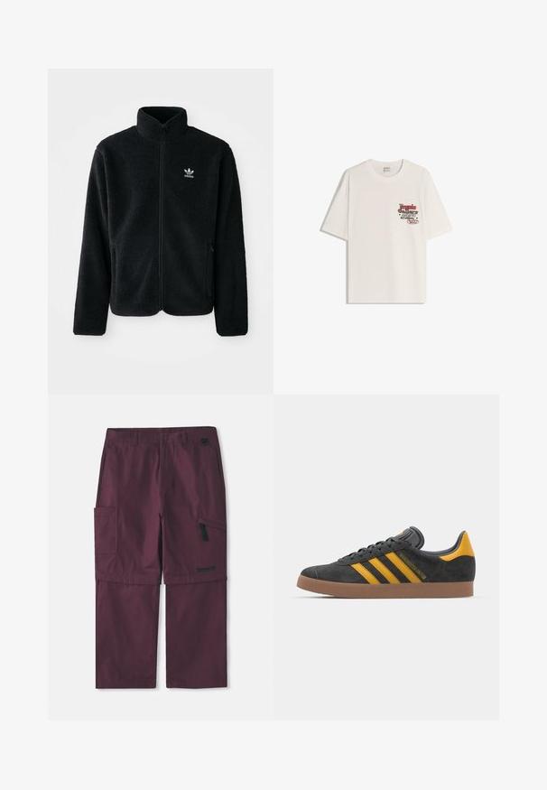 Jachetă din fleece neagră cu guler înalt, fermoar pe față și buzunare frontale. Caracteristici ale materialului texturat și un mic logo alb pe pieptul stâng.; Tricou din bumbac alb cu mâneci scurte și guler rotund. Prezentă un grafic imprimat cu text roșu și negru în zona stângă a pieptului.; Pantaloni cargo convertibili burgundy cu buzunar cu fermoar lateral și logo Timberland pe piciorul drept, cu brâu de inseam extins.; Tenisi negri din suede cu accente galbene, având trei dungi și o talpă din cauciuc maroniu. Include un limba căptușită pentru confort.